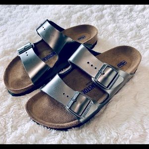 Birkenstock Arizona Sandals Dark Metallic Silver Size 38 Narrow